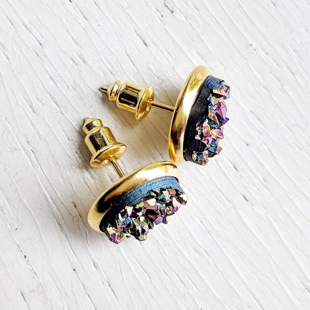 Ultra Violet on Gold - Druzy Stud Earrings - Hypoallergenic Posts