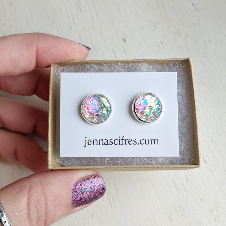 Opal Mermaid in Silver Settings Stud Earrings - Hypoallergenic Posts