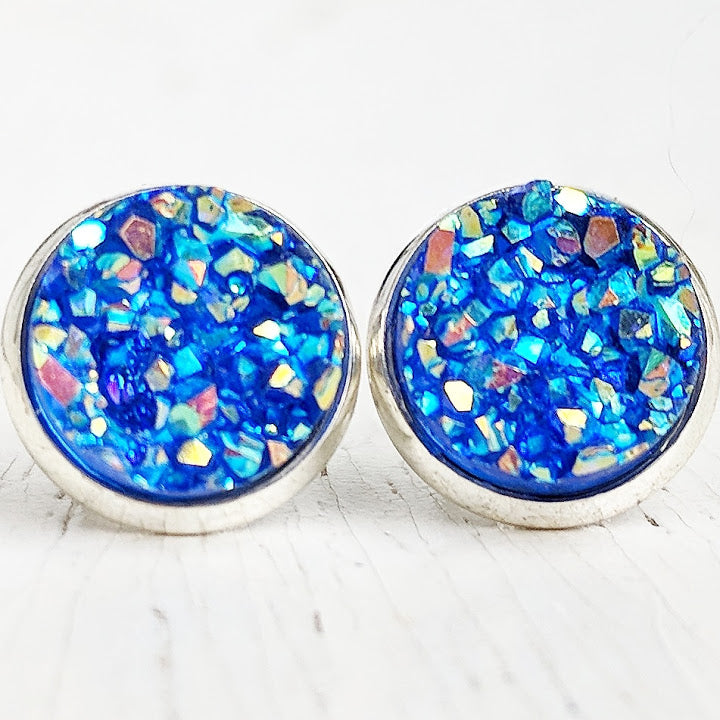 Sparkly Blue on Silver - Druzy Stud Earrings - Hypoallergenic Posts