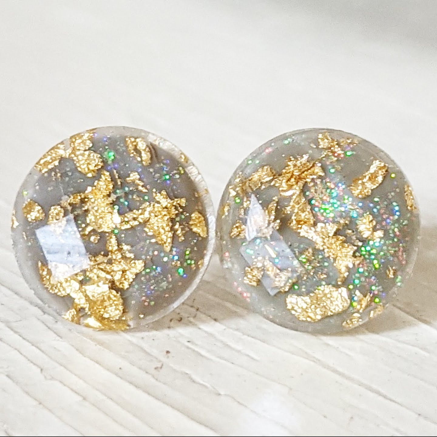 Gold Flakes & Glitter Stud Earrings- Hypoallergenic Titanium 10mm