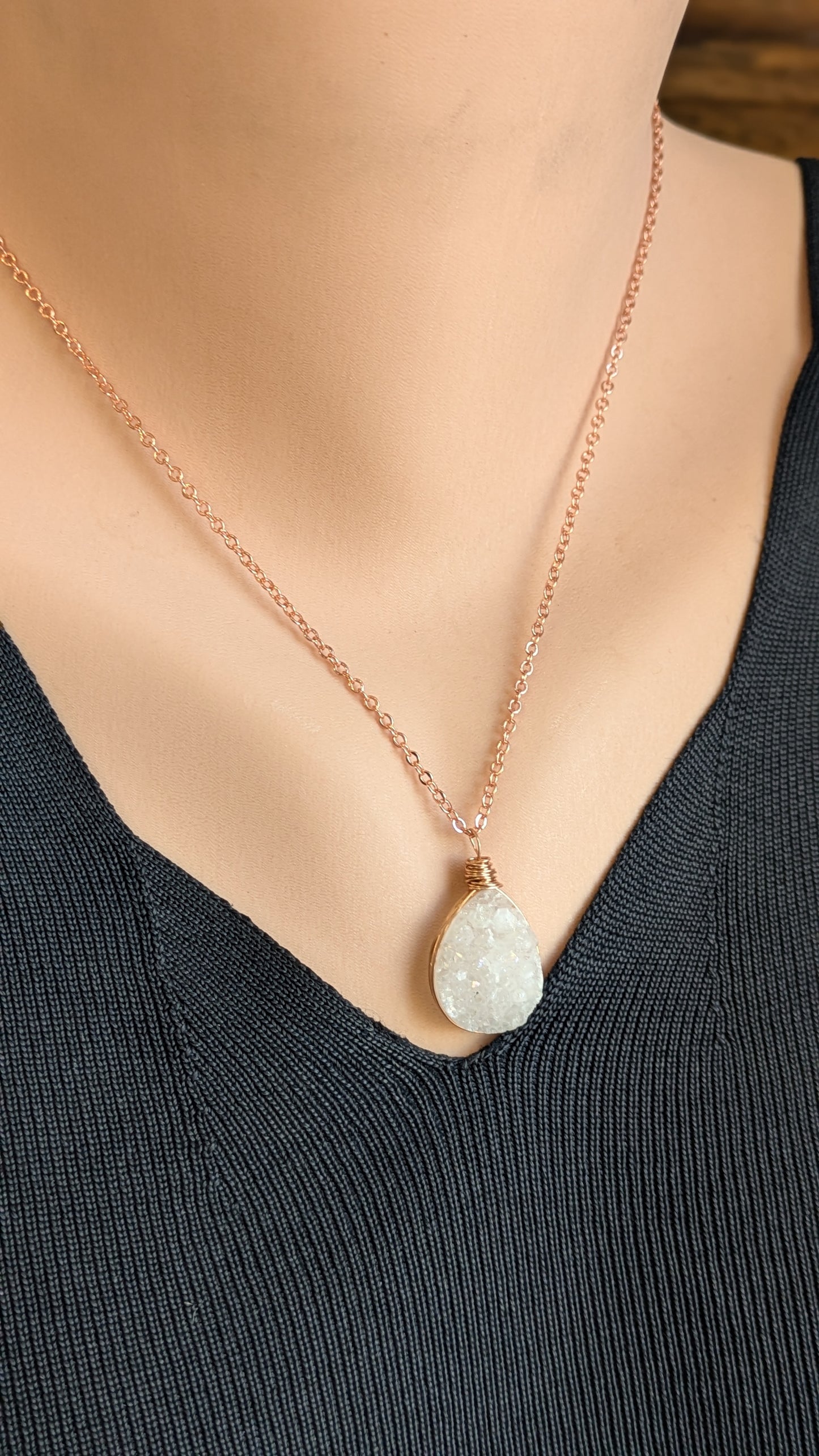 White Genuine Druzy Gemstone Necklace 18" Rose Gold Shimmer Chain RTS