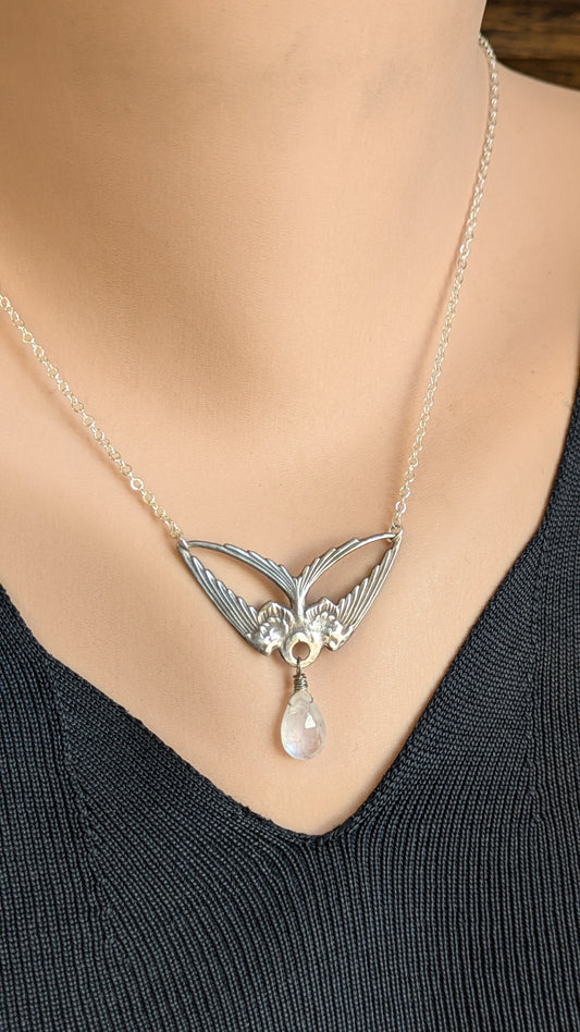 Moonstone Soaring Bird Necklace 21" Silver Plated Shimmer Chain RTS