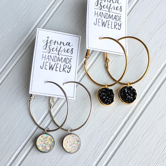 Change Up Hoops - 12mm Druzy - Gold or Silver