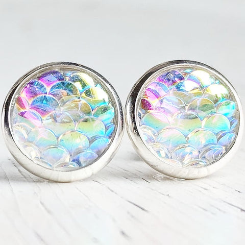 Opal Mermaid in Silver Settings Stud Earrings - Hypoallergenic Posts