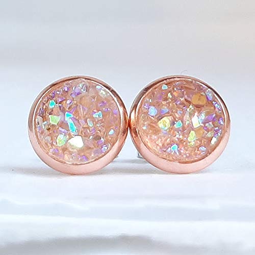8mm Pink Opal on Rose Gold Druzy Stud Earrings