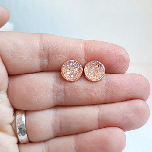 8mm Pink Opal on Rose Gold Druzy Stud Earrings