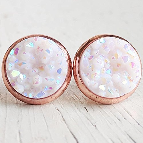 White on Rose Gold - Druzy Stud Earrings - Hypoallergenic Posts