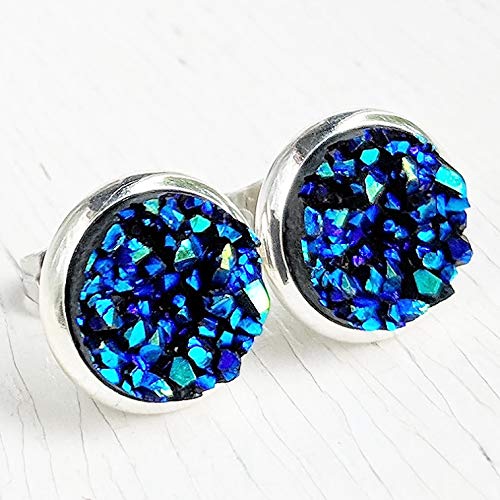 Deep Blue on Silver - Druzy Stud Earrings - Hypoallergenic Posts