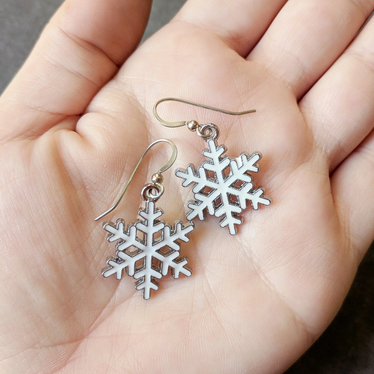 White Snowflake Dangle Earrings - Surgical Steel