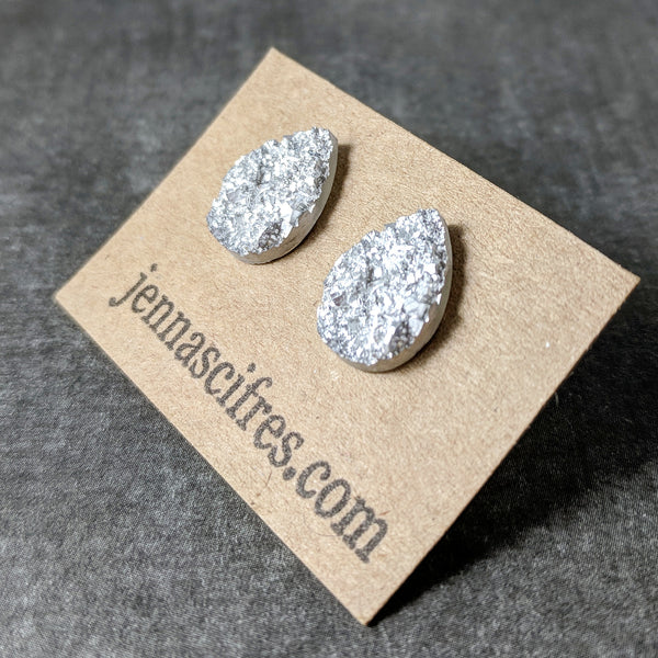 Silver Druzy Teardrop Stud Earrings - Hypoallergenic Titanium Posts