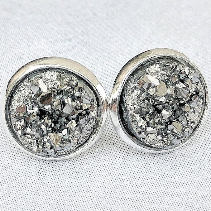 Gunmetal on Silver - Druzy Stud Earrings - Hypoallergenic Posts