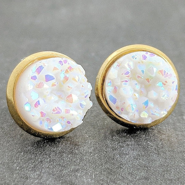 White on Gold - Druzy Stud Earrings - Hypoallergenic Posts