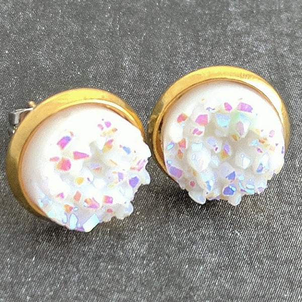 White on Gold - Druzy Stud Earrings - Hypoallergenic Posts