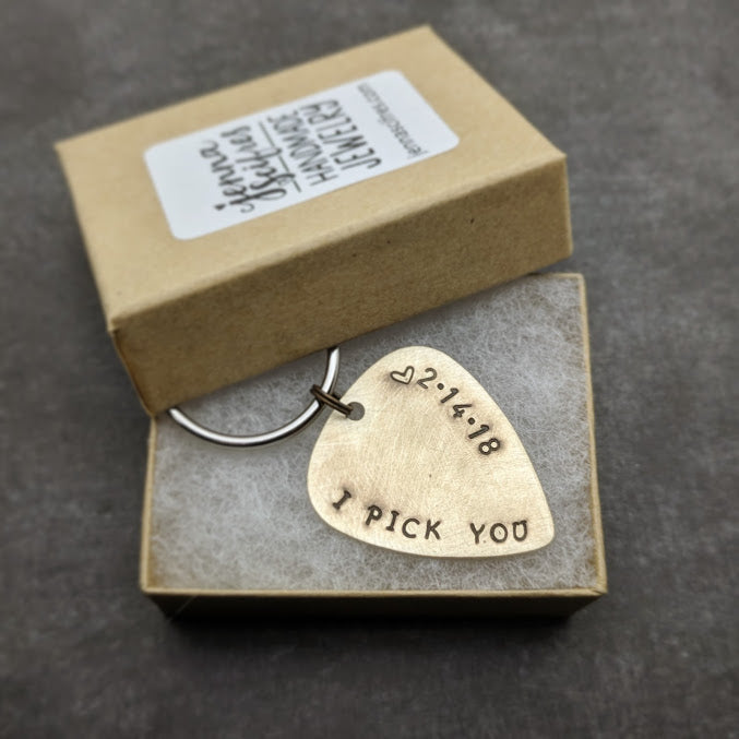 I Pick You Guitar Pick Keychain - Golden Brass or Silver Aluminum