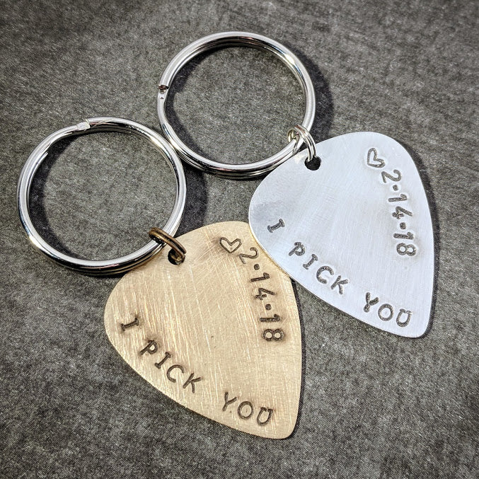 I Pick You Guitar Pick Keychain - Golden Brass or Silver Aluminum