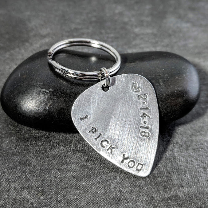 I Pick You Guitar Pick Keychain - Golden Brass or Silver Aluminum