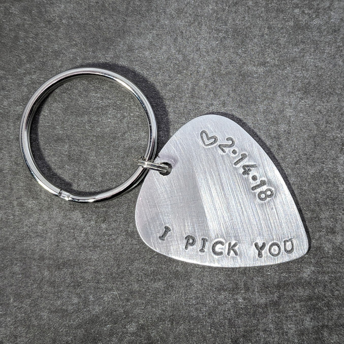 I Pick You Guitar Pick Keychain - Golden Brass or Silver Aluminum