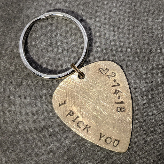 I Pick You Guitar Pick Keychain - Golden Brass or Silver Aluminum