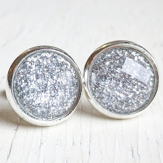 Silver Glitter Stud Earrings - Hypoallergenic Posts