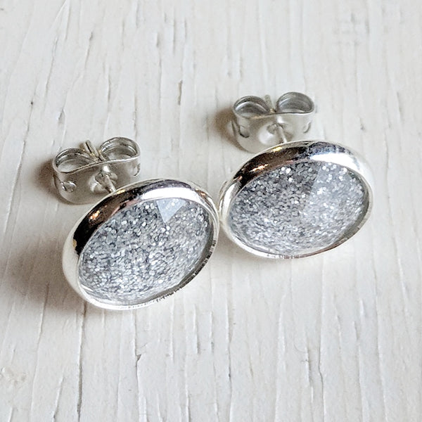 Silver Glitter Stud Earrings - Hypoallergenic Posts