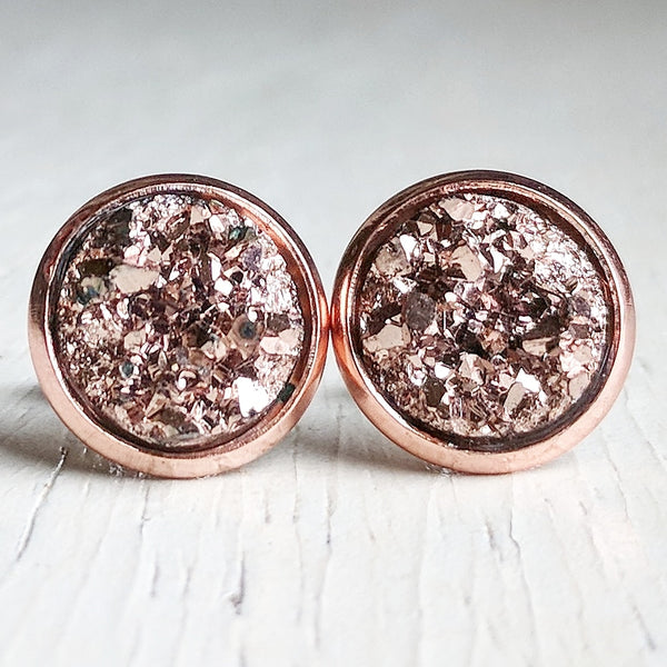 Rose Gold on Rose Gold - Druzy Stud Earrings - Hypoallergenic Posts ...