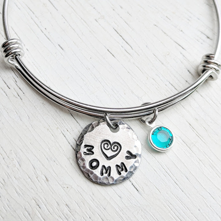 Custom Mom Bracelet - Adjustable Bangle - Stainless Steel and Swarovski Crystals