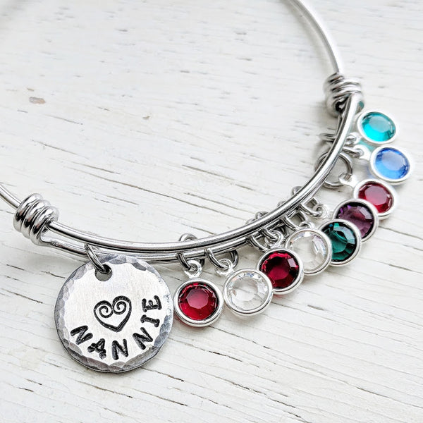 Custom Grandma Bracelet - Adjustable Bangle - Stainless Steel and Swarovski Crystals