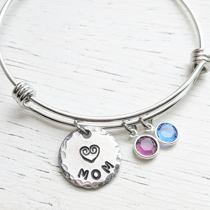 Custom Mom Bracelet - Adjustable Bangle - Stainless Steel and Swarovski Crystals