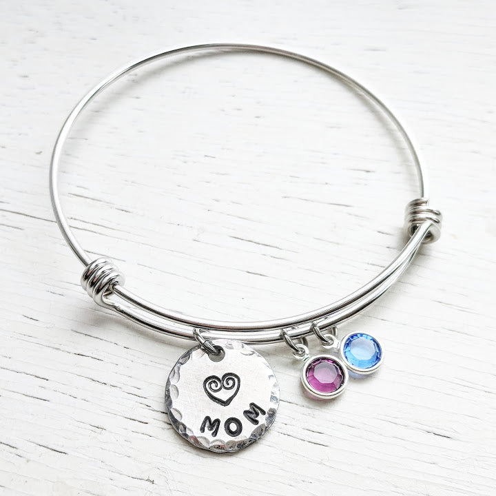 Custom Mom Bracelet - Adjustable Bangle - Stainless Steel and Swarovski Crystals