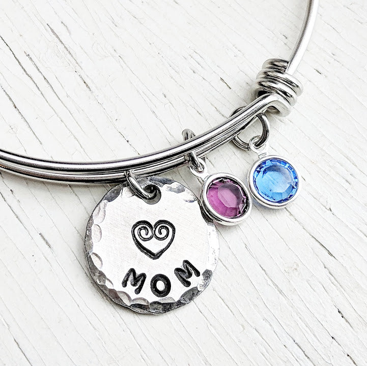 Custom Mom Bracelet - Adjustable Bangle - Stainless Steel and Swarovski Crystals