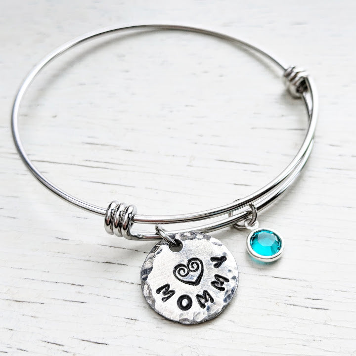 Custom Mom Bracelet - Adjustable Bangle - Stainless Steel and Swarovski Crystals