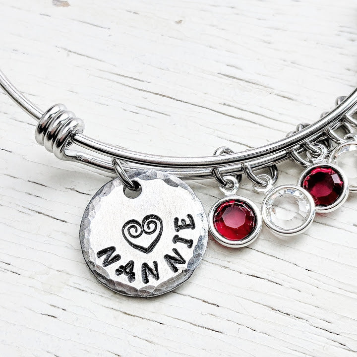 Custom Mom Bracelet - Adjustable Bangle - Stainless Steel and Swarovski Crystals