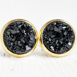 Black on Gold - Druzy Stud Earrings - Hypoallergenic Posts