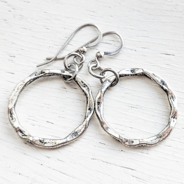 Hammered Circle Dangle Earrings - Hypoallergenic Surgical Steel