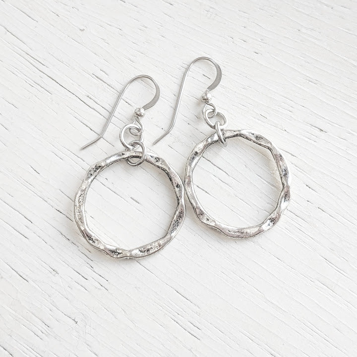 Hammered Circle Dangle Earrings - Hypoallergenic Surgical Steel