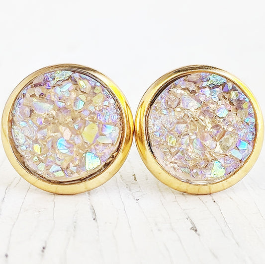 Opal on Gold - Druzy Stud Earrings - Hypoallergenic Posts