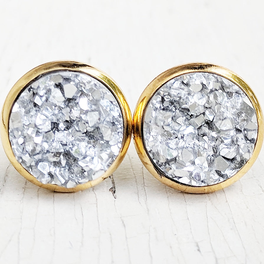 Silver on Gold - Druzy Stud Earrings - Hypoallergenic Posts