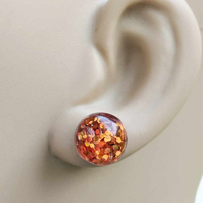 Pumpkin Orange Glitter Bubble Stud Earrings - Hypoallergenic Stainless Steel Posts