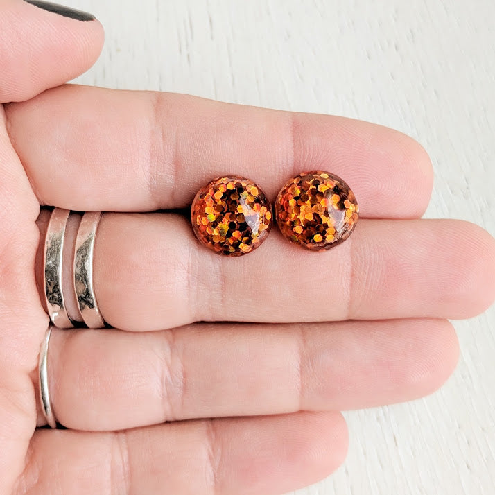 Pumpkin Orange Glitter Bubble Stud Earrings - Hypoallergenic Stainless Steel Posts