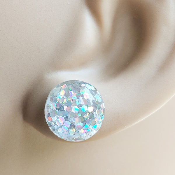 Silver Holographic Glitter Bubble Stud Earrings - Hypoallergenic Silver Plated Posts