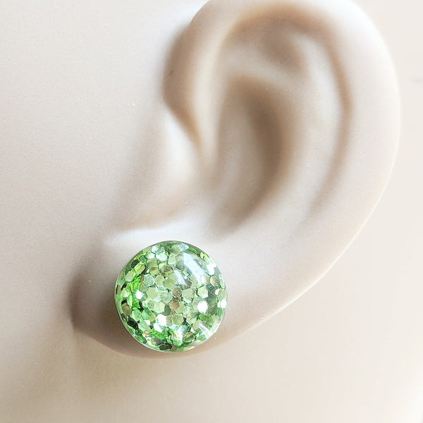 Green Glitter Bubble Stud Earrings - Hypoallergenic Silver Plated Posts
