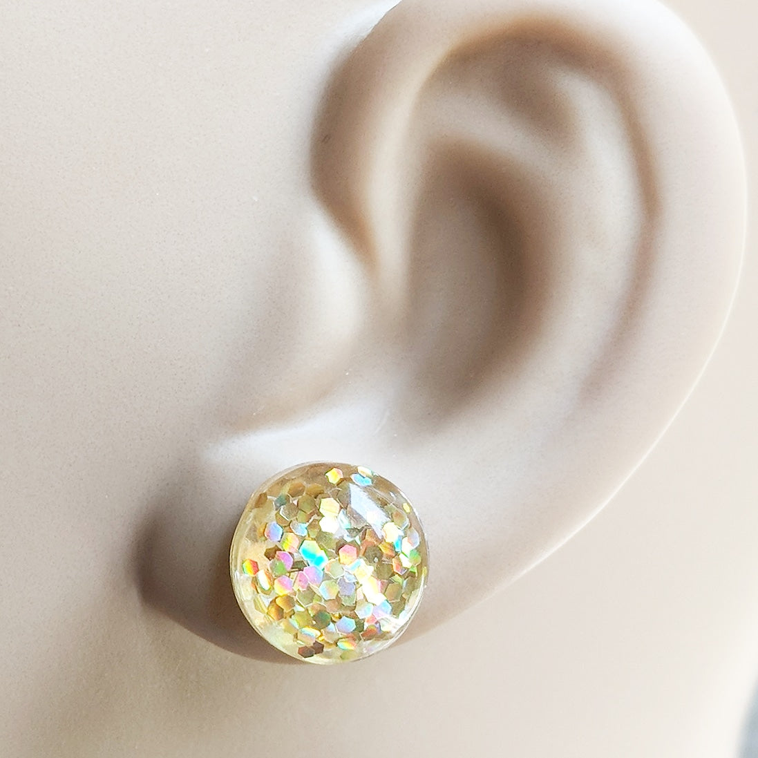 Gold Glitter Bubble Stud Earrings - Hypoallergenic Silver Plated Posts