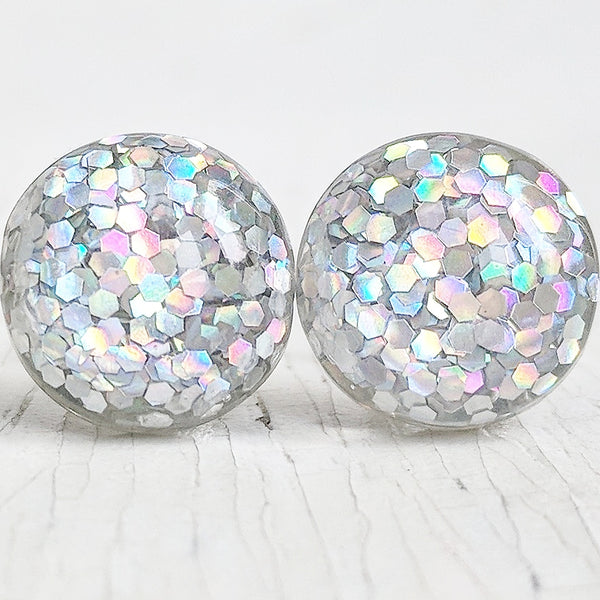 Silver Holographic Glitter Bubble Stud Earrings - Hypoallergenic Silver Plated Posts