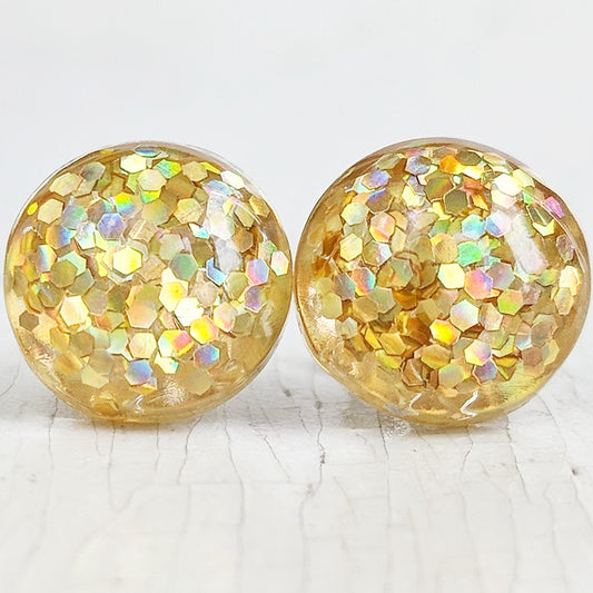 Gold Glitter Bubble Stud Earrings - Hypoallergenic Silver Plated Posts