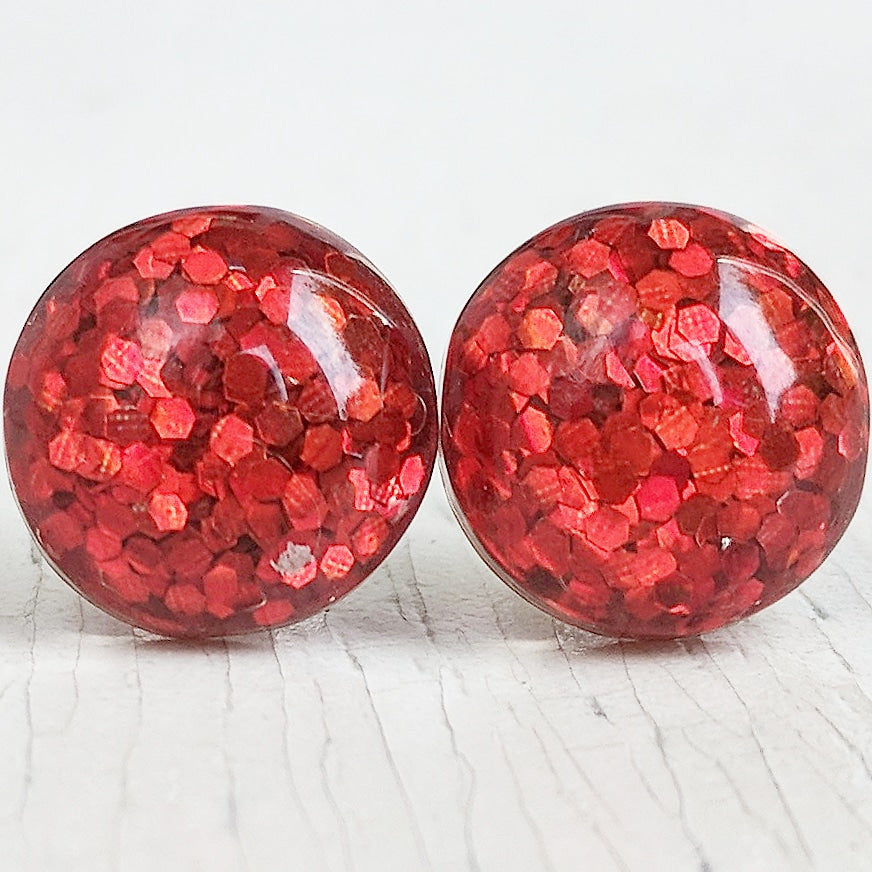 Red Glitter Bubble Stud Earrings - Hypoallergenic Silver Plated Posts