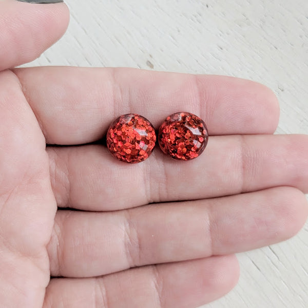 Red Glitter Bubble Stud Earrings - Hypoallergenic Silver Plated Posts