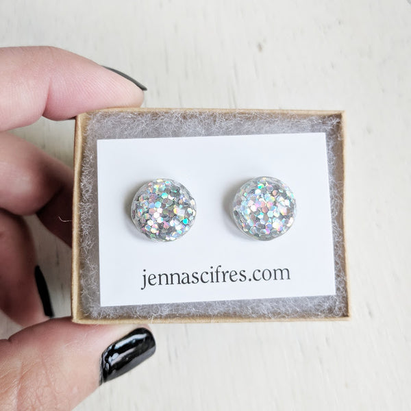 Silver Holographic Glitter Bubble Stud Earrings - Hypoallergenic Silver Plated Posts