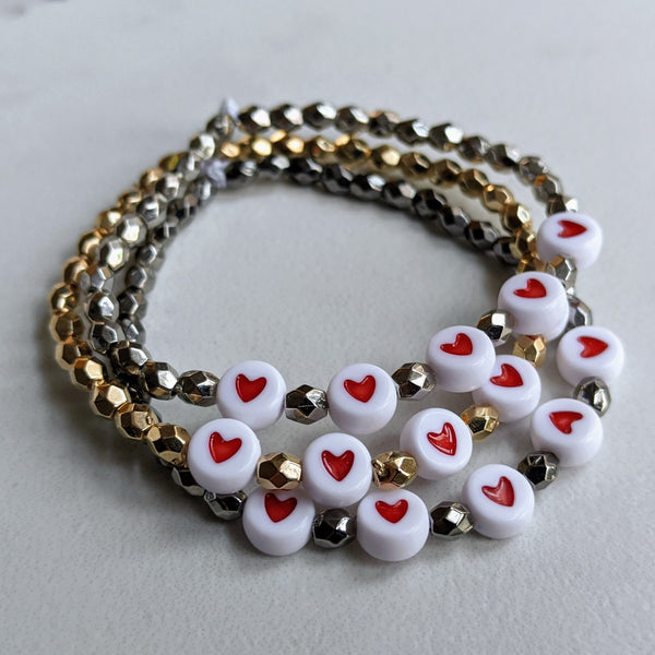KIT - Hearts & Metallic Beads - Stretchy Bracelet Making Kit