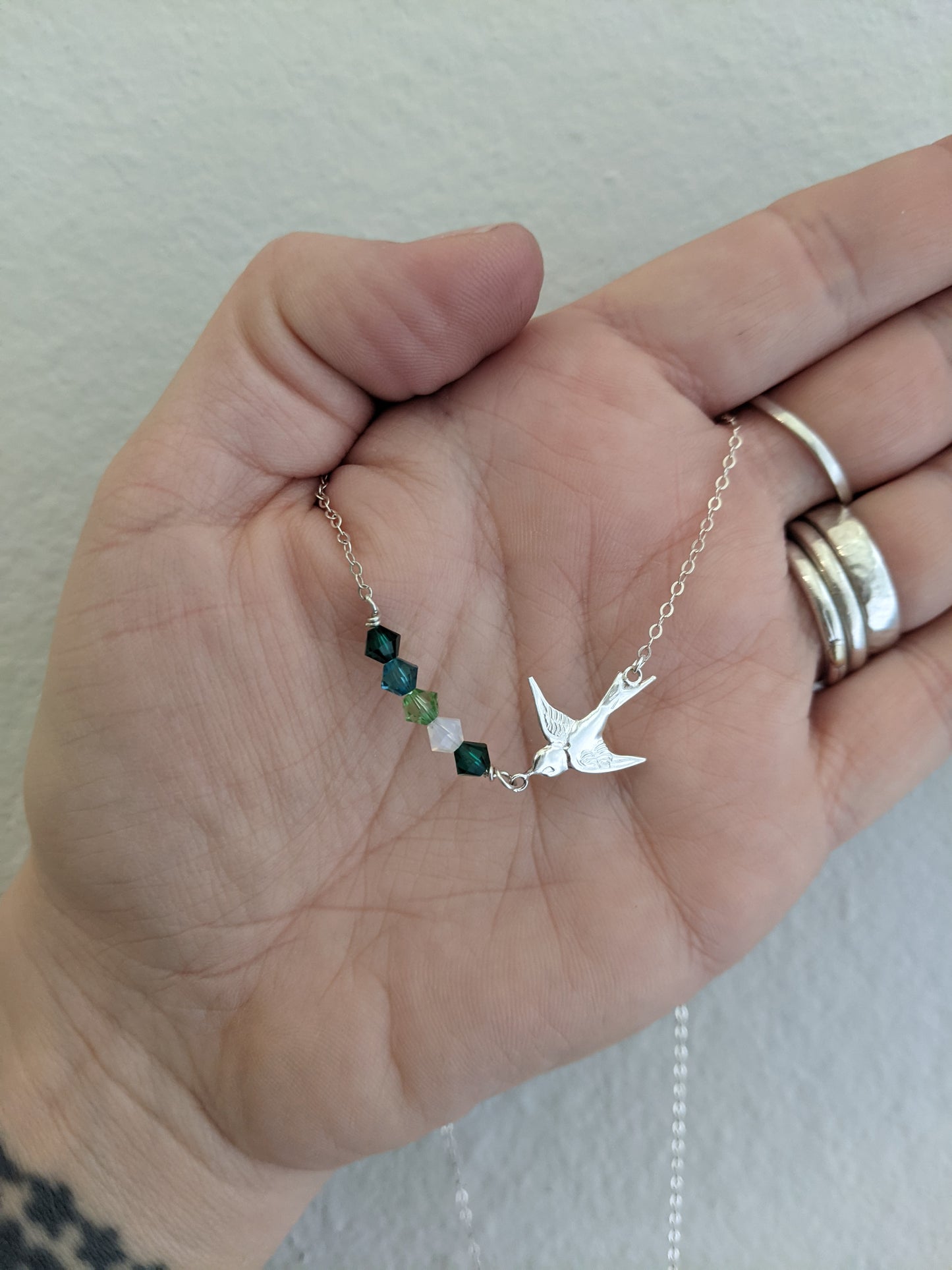 Barn Swallow and Birthstone Sterling Silver Necklace
