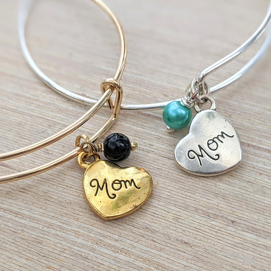 Mom Heart with Colorful Pearl Bangle Bracelet